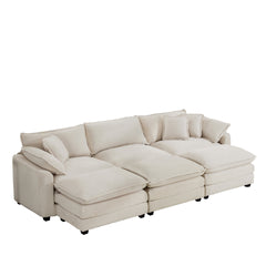 Oversized Modular Cushioned Sofa with 3 Ottomans, Modular Sofa Set to work as Sleeper Sofa Bed , 6 - Piece Sofa Set with One 3 Seater Sofa and Three Ottomans, Light Beige Corduroy