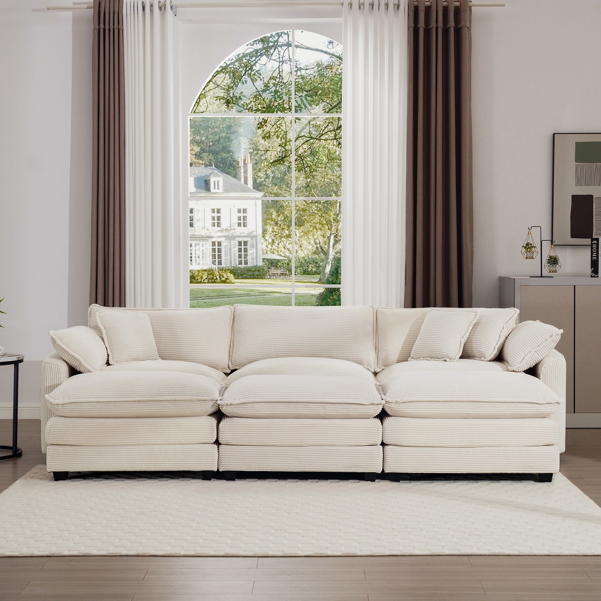 Oversized Modular Cushioned Sofa with 3 Ottomans, Modular Sofa Set to work as Sleeper Sofa Bed , 6 - Piece Sofa Set with One 3 Seater Sofa and Three Ottomans, Light Beige Corduroy
