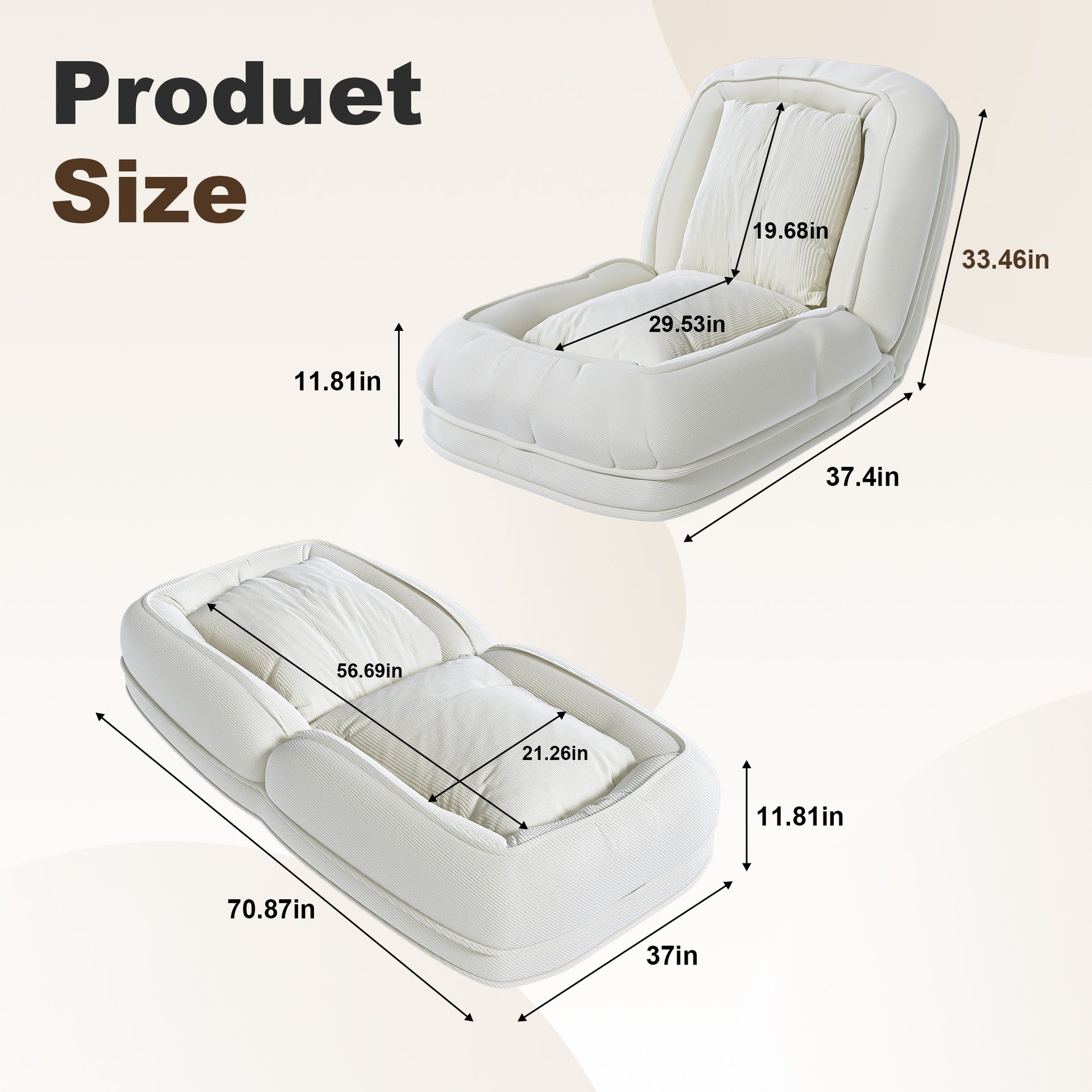 Upholstered  Human Dog Bed for Adults and Pets, Foldable Lazy Sofa Bed with 5 Adjustable Position, Includes 2 Soft Pillows for Bedroom, Living Room, Reading Corner(Off White)