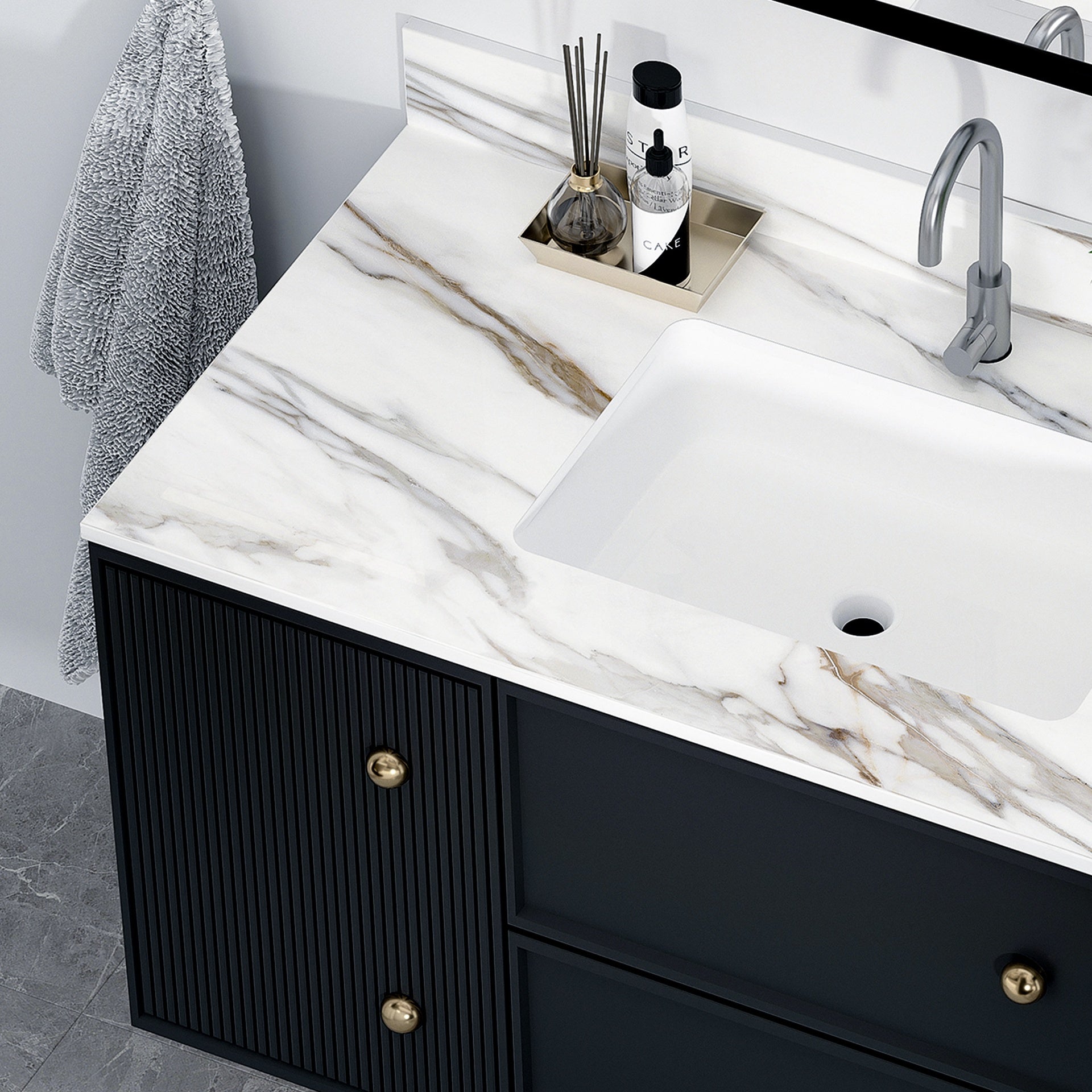 43 Inch Marble Vanity Top, Bathroom Vanity Top with Undermount Rectangular Middle Sink and 4" Height Backsplash, Pre-Drilled  Faucet Hole  Vanity Top, Carrara white with veins