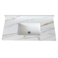 43 Inch Marble Vanity Top, Bathroom Vanity Top with Undermount Rectangular Middle Sink and 4" Height Backsplash, Pre-Drilled  Faucet Hole  Vanity Top, Carrara white with veins