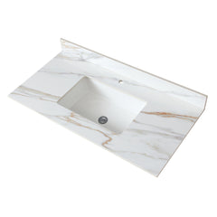 43 Inch Marble Vanity Top, Bathroom Vanity Top with Undermount Rectangular Middle Sink and 4" Height Backsplash, Pre-Drilled  Faucet Hole  Vanity Top, Carrara white with veins