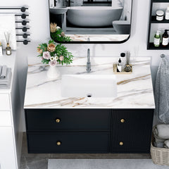 43 Inch Marble Vanity Top, Bathroom Vanity Top with Undermount Rectangular Middle Sink and 4" Height Backsplash, Pre-Drilled  Faucet Hole  Vanity Top, Carrara white with veins