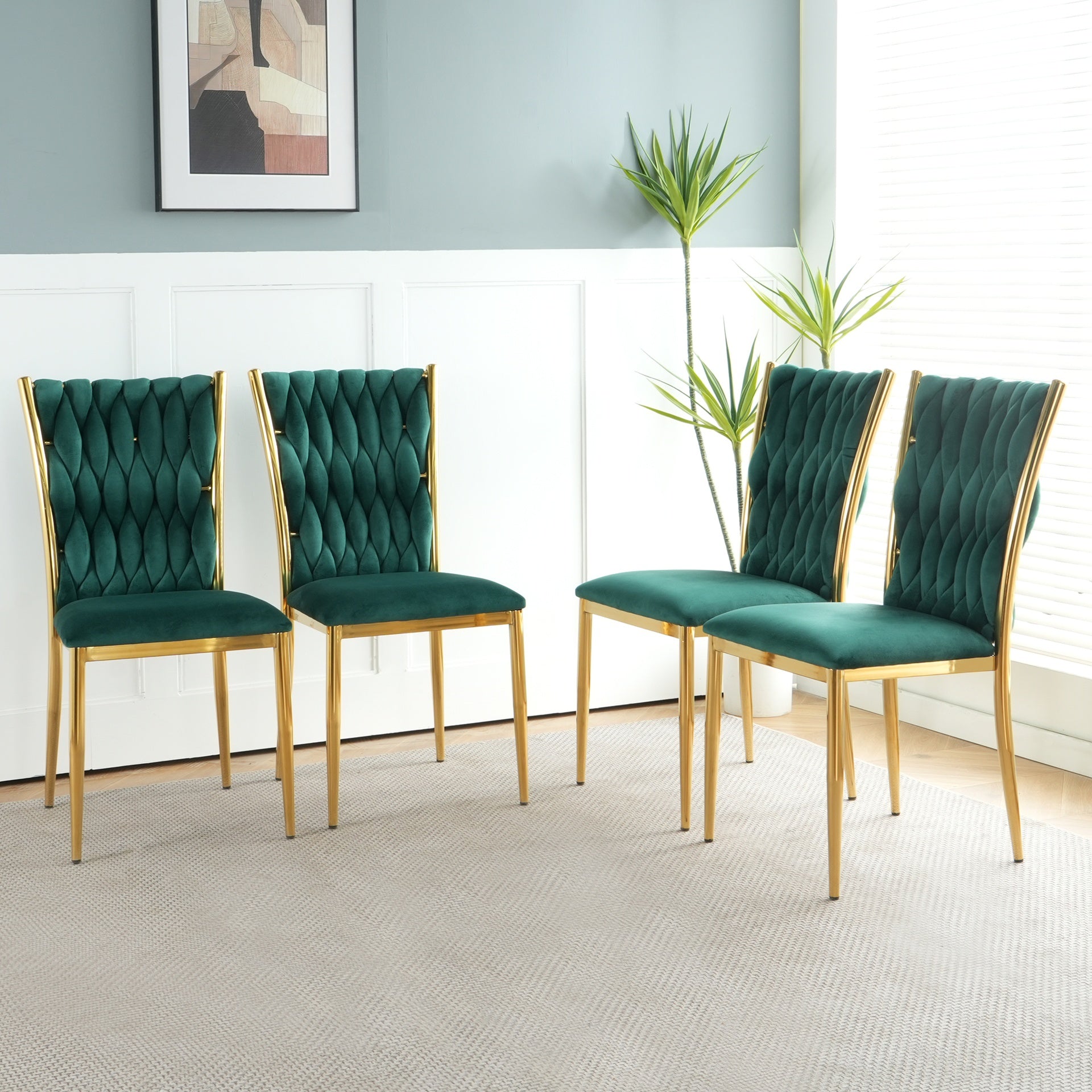 Modern simple green velvet dining chair, family bedroom stool back student table chair, gold-plated metal chair legs, suitable for dining room kitchen bedroom (set of 4)