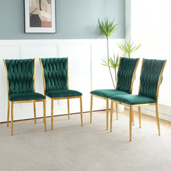 Modern simple green velvet dining chair, family bedroom stool back student table chair, gold-plated metal chair legs, suitable for dining room kitchen bedroom (set of 4)