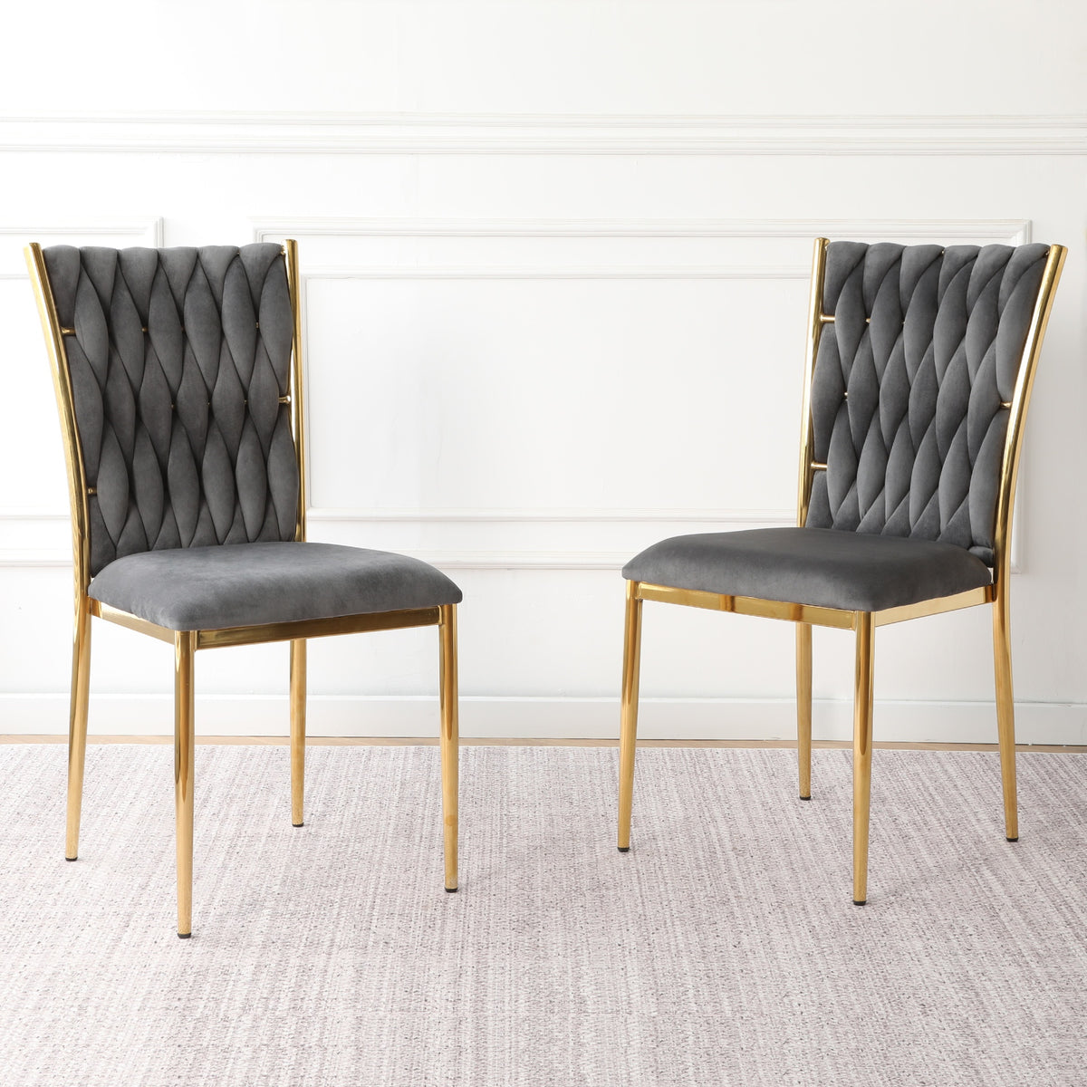 Modern simple Dark gray velvet dining chair, family bedroom stool back student table chair, gold-plated metal chair legs, suitable for dining room kitchen bedroom (set of 2)
