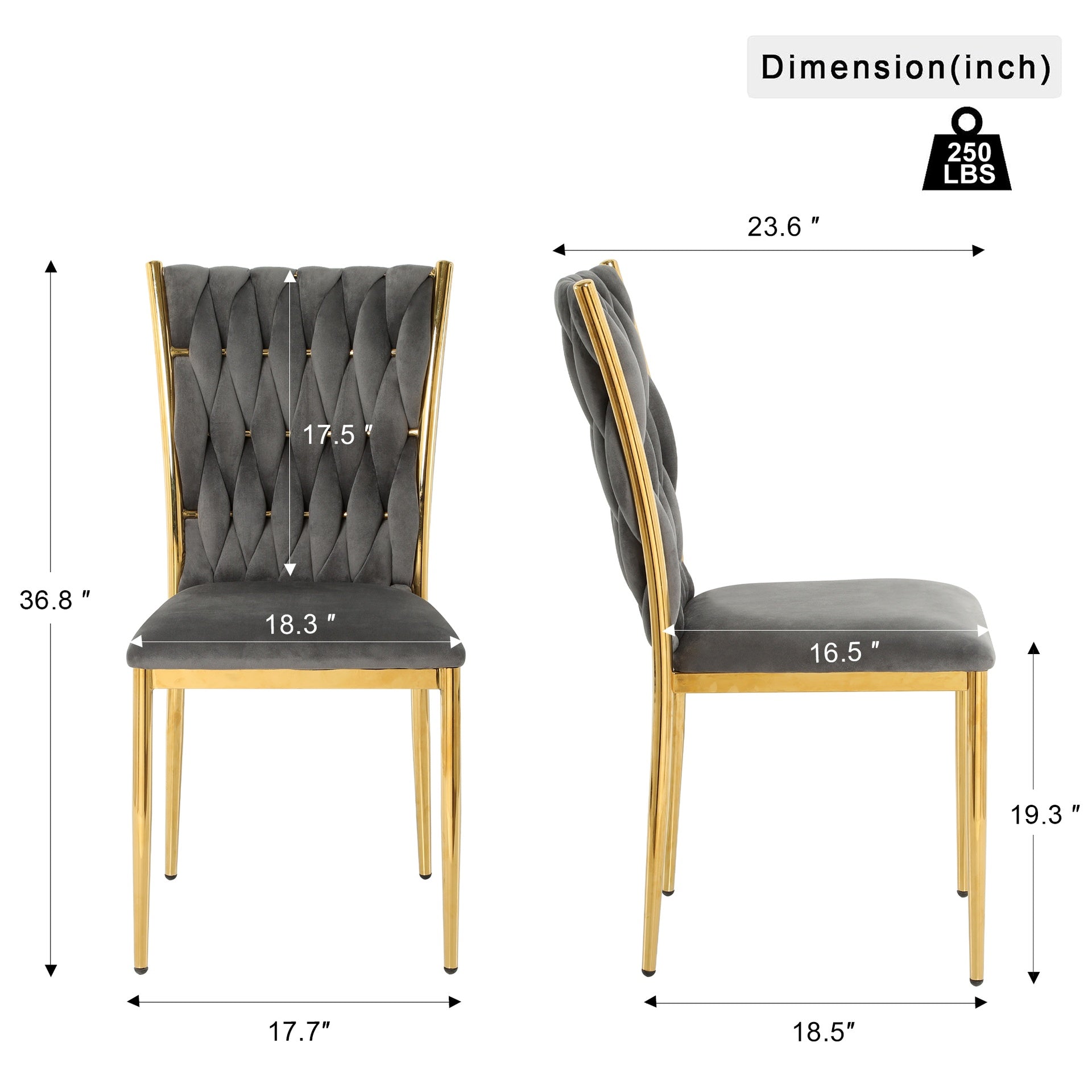 Modern simple Dark gray velvet dining chair, family bedroom stool back student table chair, gold-plated metal chair legs, suitable for dining room kitchen bedroom (set of 2)