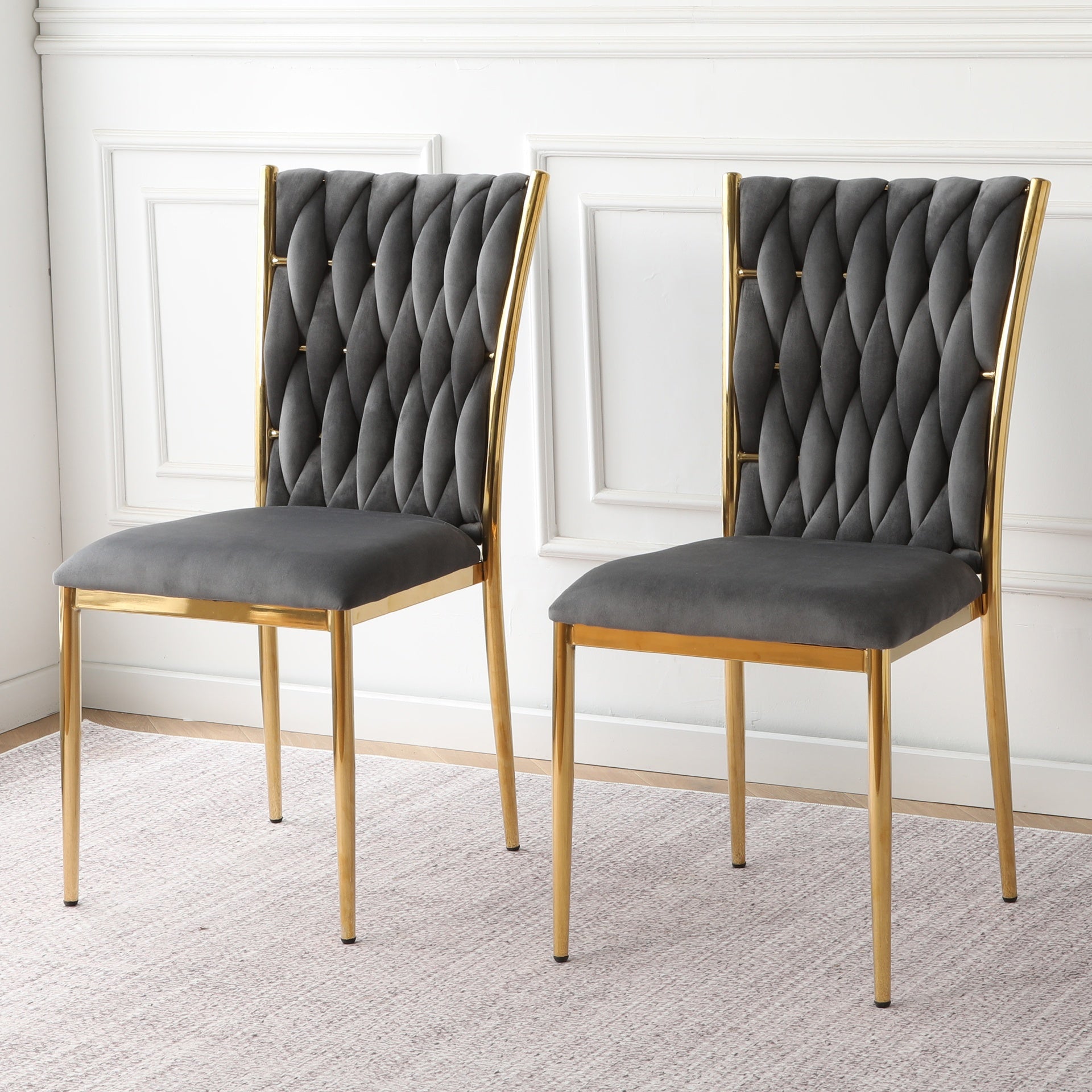 Modern simple Dark gray velvet dining chair, family bedroom stool back student table chair, gold-plated metal chair legs, suitable for dining room kitchen bedroom (set of 2)