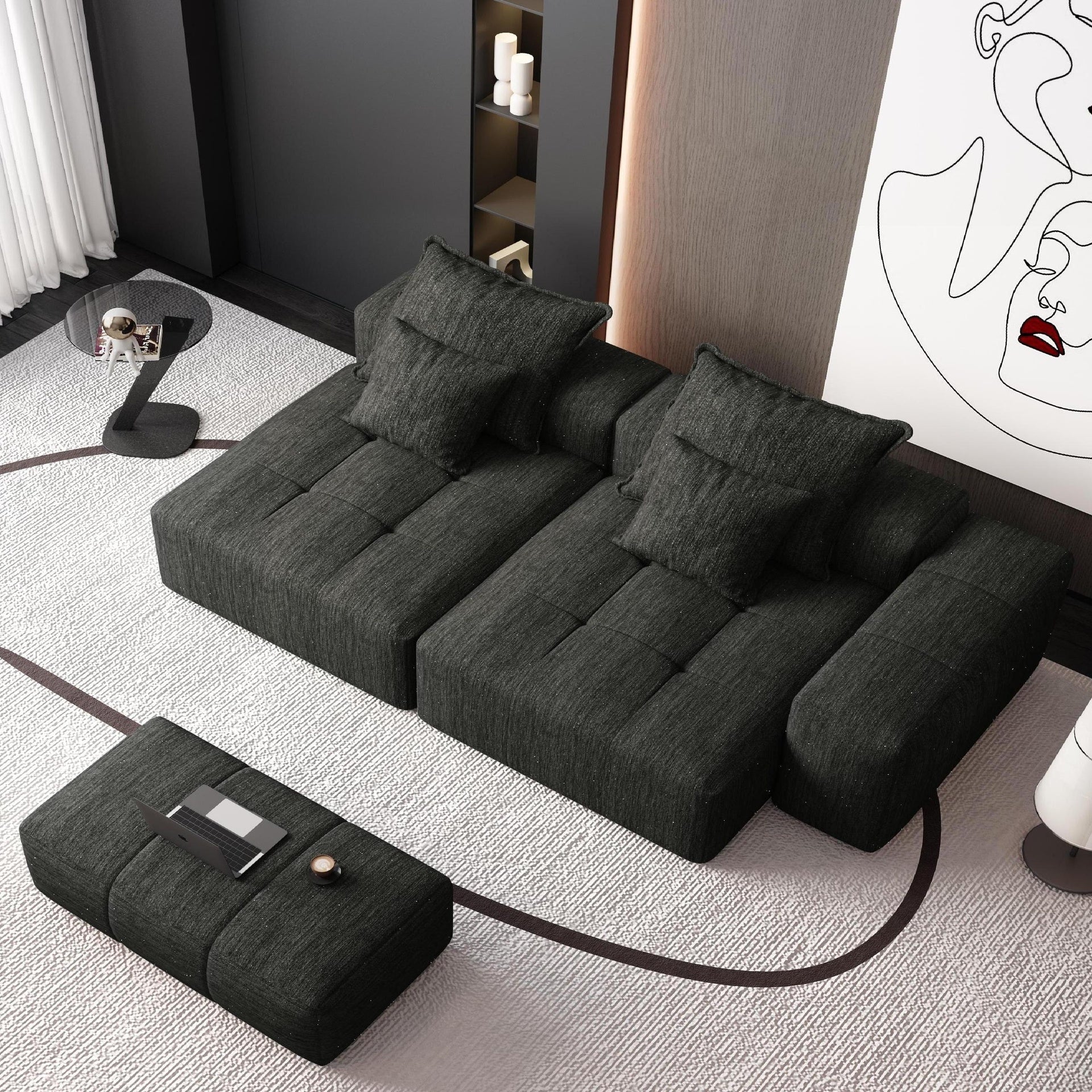Modern Oversized Modular Sectional Sofa with 2 chaise lounge and 2 armrest,Sparkling Chenille Fabric Soft Cushion Sofa with 4 Pillows,4 PCS DIY Combination Tufted Sofa,No Assembly Required,BLACK