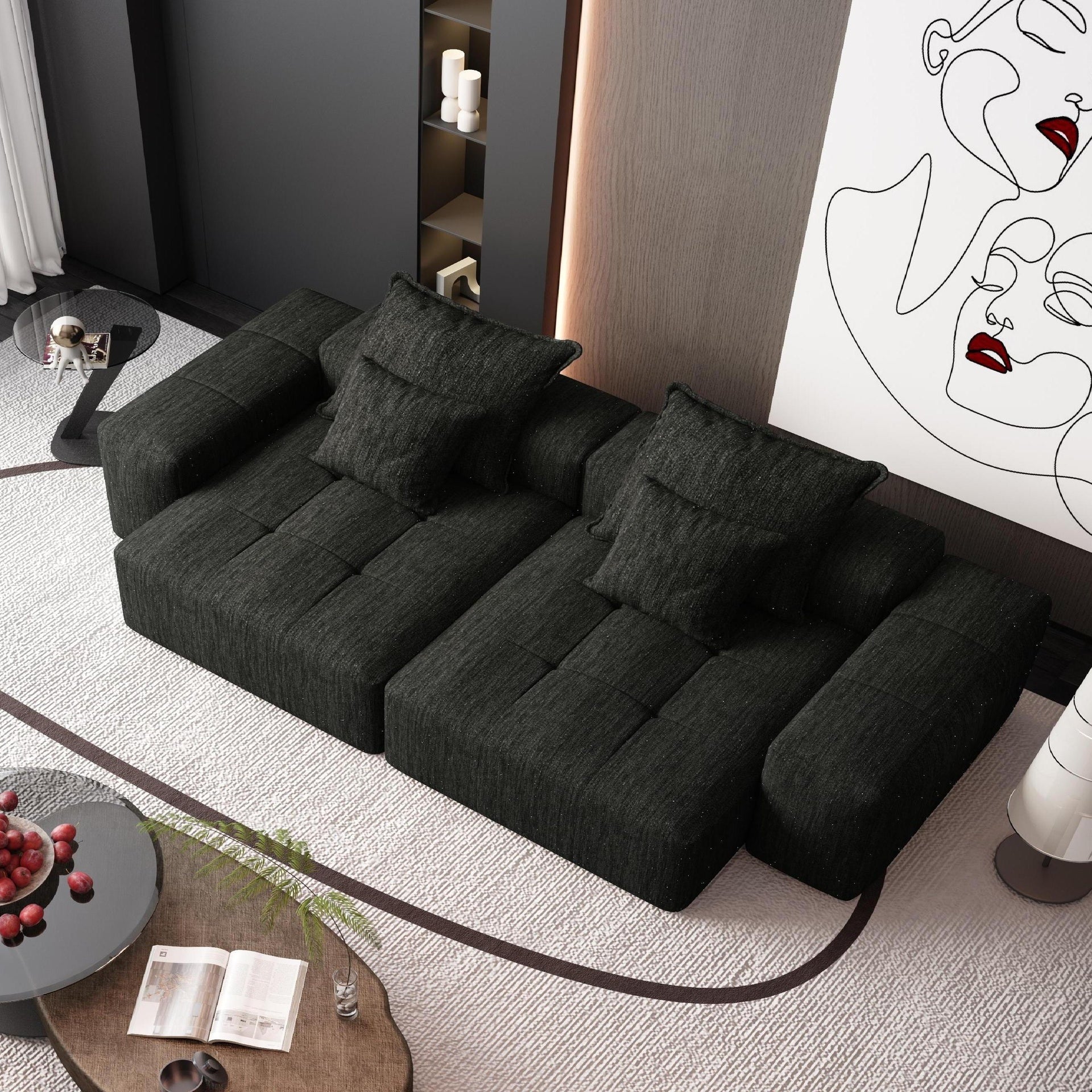 Modern Oversized Modular Sectional Sofa with 2 chaise lounge and 2 armrest,Sparkling Chenille Fabric Soft Cushion Sofa with 4 Pillows,4 PCS DIY Combination Tufted Sofa,No Assembly Required,BLACK