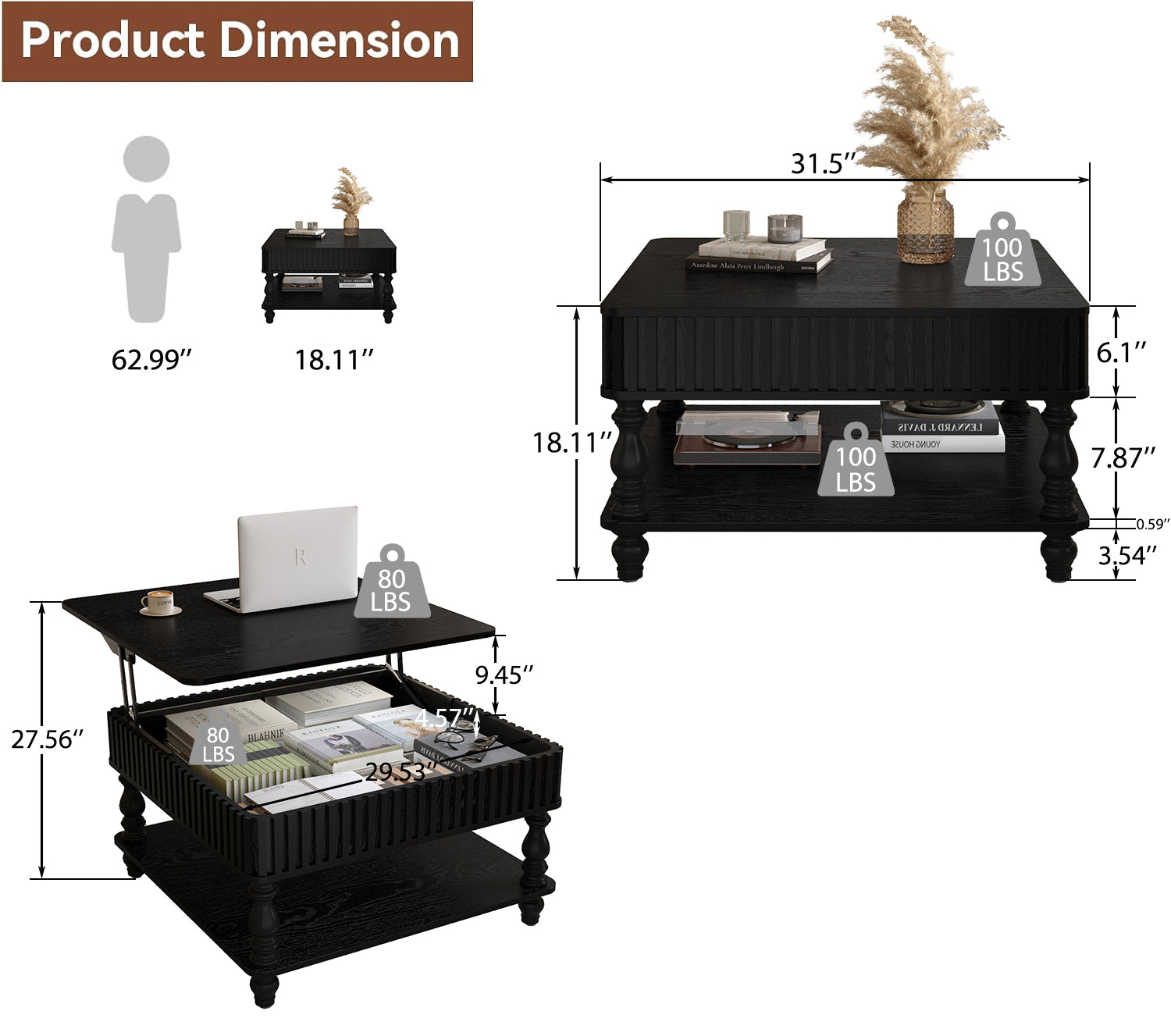 31.5 Inch Square Fluted Lift-Top Coffee Table with Hidden & Open Storage, Hydraulic Raising Mechanism, Retro Solid Wood Legs for Living Room, Sofa (Black)