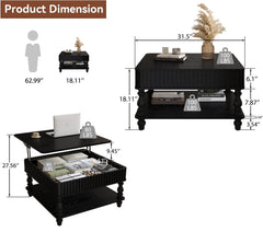 31.5 Inch Square Fluted Lift-Top Coffee Table with Hidden & Open Storage, Hydraulic Raising Mechanism, Retro Solid Wood Legs for Living Room, Sofa (Black)