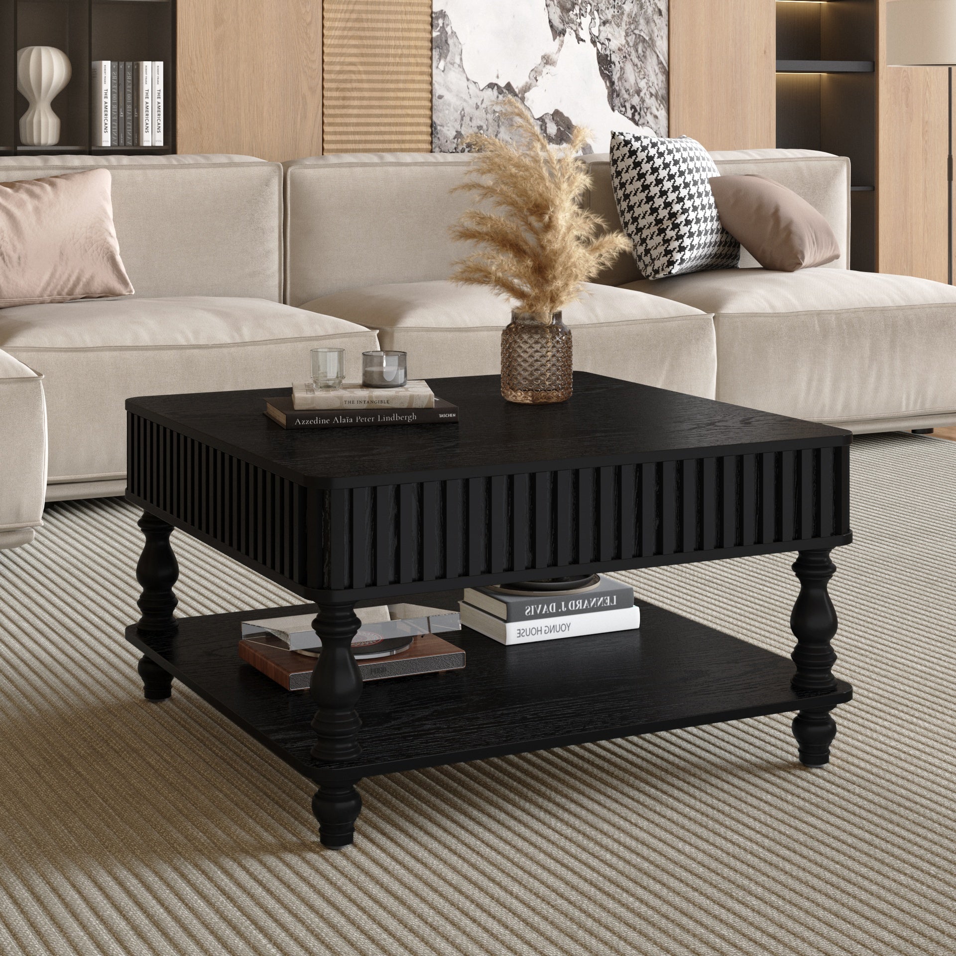31.5 Inch Square Fluted Lift-Top Coffee Table with Hidden & Open Storage, Hydraulic Raising Mechanism, Retro Solid Wood Legs for Living Room, Sofa (Black)