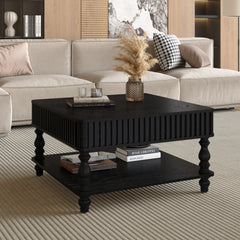 31.5 Inch Square Fluted Lift-Top Coffee Table with Hidden & Open Storage, Hydraulic Raising Mechanism, Retro Solid Wood Legs for Living Room, Sofa (Black)