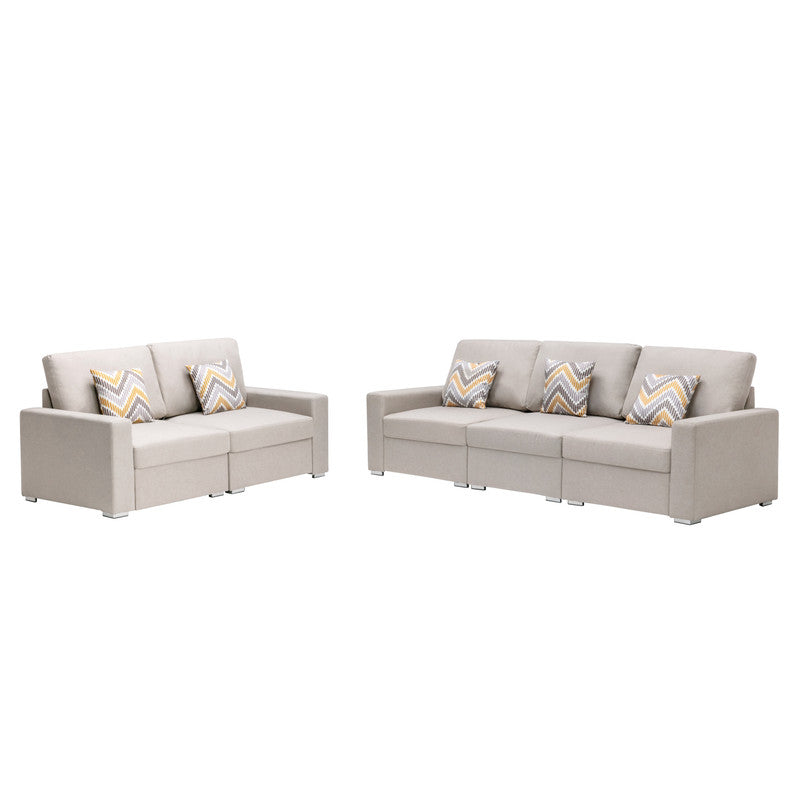 Nolan 95.5" Beige Linen Fabric Sofa and Loveseat Living Room Set with Pillows and Interchangeable Legs