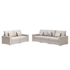 Nolan 95.5" Beige Linen Fabric Sofa and Loveseat Living Room Set with Pillows and Interchangeable Legs