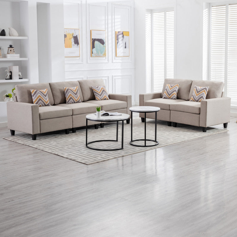 Nolan 95.5" Beige Linen Fabric Sofa and Loveseat Living Room Set with Pillows and Interchangeable Legs