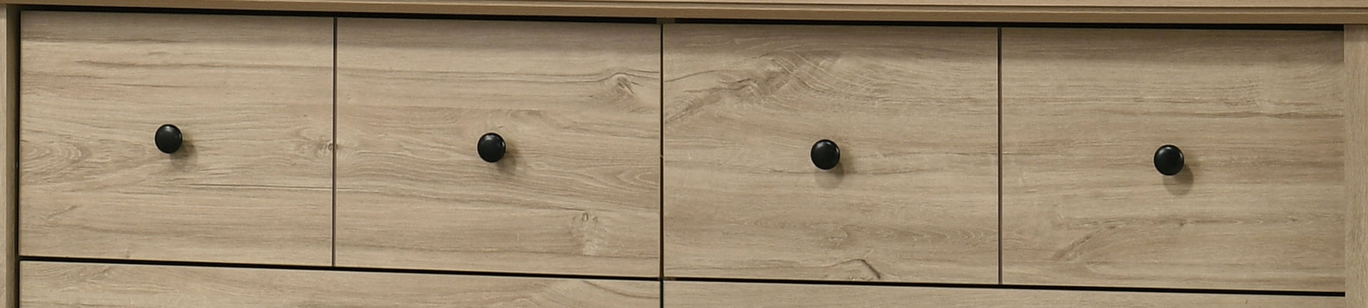 Elara 57"W Light Oak Finish 6-Drawer Dresser with Black Handles