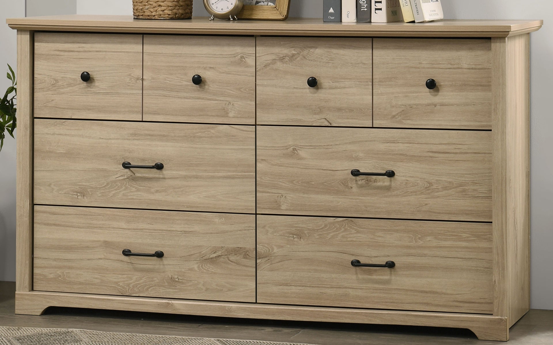 Elara 57"W Light Oak Finish 6-Drawer Dresser with Black Handles