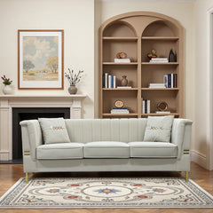 FX-P82-BE3 (WITH 2 PILLOWS)-82.67" Modern Velvet 3-Seater Chesterfield Style Beige Couch for Living Room with 2 Pillows