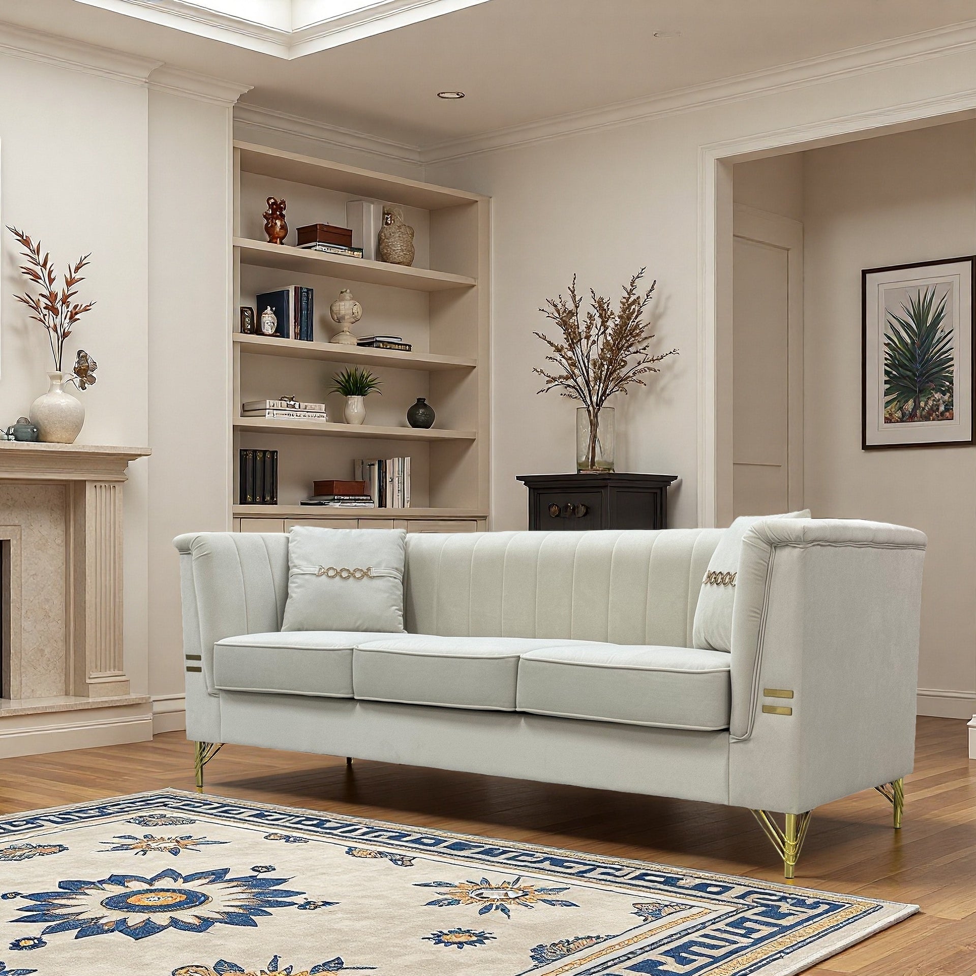 FX-P82-BE3 (WITH 2 PILLOWS)-82.67" Modern Velvet 3-Seater Chesterfield Style Beige Couch for Living Room with 2 Pillows