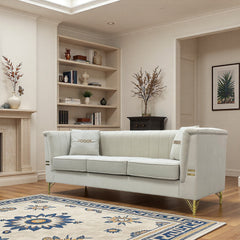FX-P82-BE3 (WITH 2 PILLOWS)-82.67" Modern Velvet 3-Seater Chesterfield Style Beige Couch for Living Room with 2 Pillows