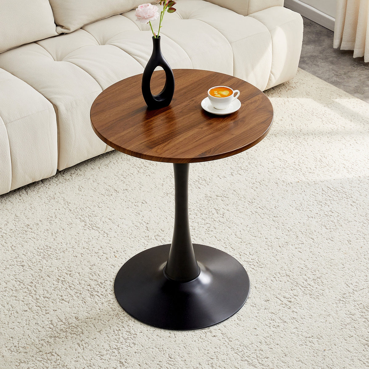 Round Dining Table, 23.6" Circle Tulip Table with Thickened Tabletop & Metal Pedestal, Mid Century Modern Bistro Table for Kitchen, Small Places, Living Room, Cafe (Faux Walnut)