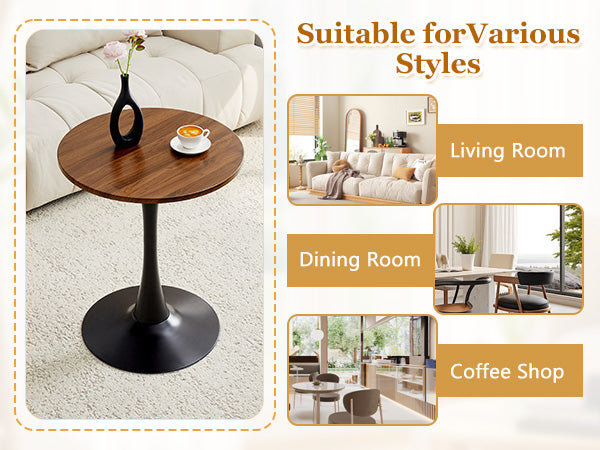 Round Dining Table, 23.6" Circle Tulip Table with Thickened Tabletop & Metal Pedestal, Mid Century Modern Bistro Table for Kitchen, Small Places, Living Room, Cafe (Faux Walnut)