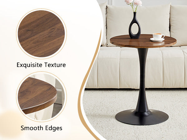 Round Dining Table, 23.6" Circle Tulip Table with Thickened Tabletop & Metal Pedestal, Mid Century Modern Bistro Table for Kitchen, Small Places, Living Room, Cafe (Faux Walnut)