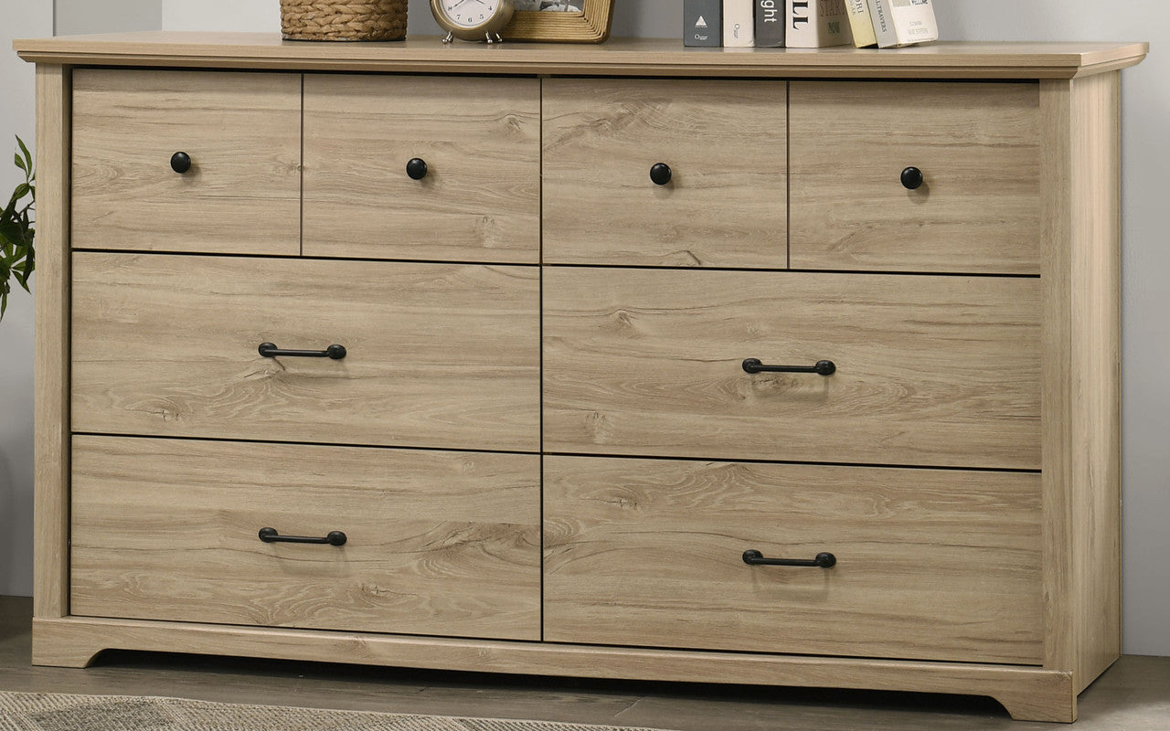 Elettra 57"W Light Oak Finish 6-Drawer Dresser with Black Handles