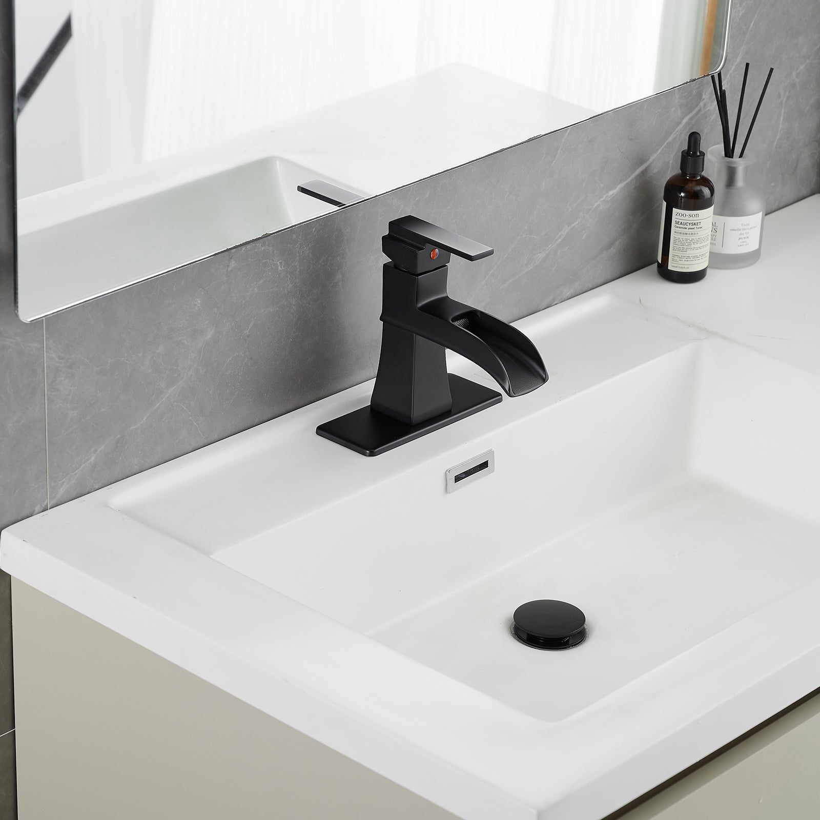 Sink Faucet With Deck Plate Waterfall Black with Pop Up Drain and Supply Lines Bathroom faucets for Sink 1 Hole One Handle Faucets Vanity Bath Mixer Tap