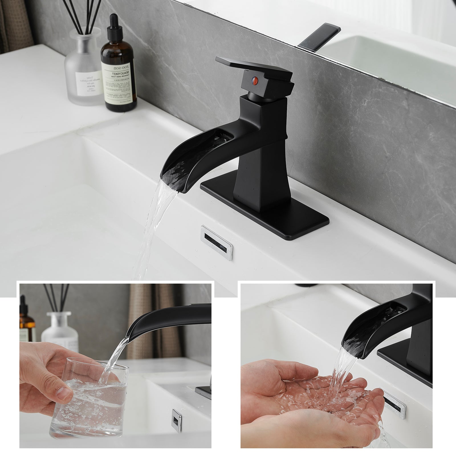 Sink Faucet With Deck Plate Waterfall Black with Pop Up Drain and Supply Lines Bathroom faucets for Sink 1 Hole One Handle Faucets Vanity Bath Mixer Tap