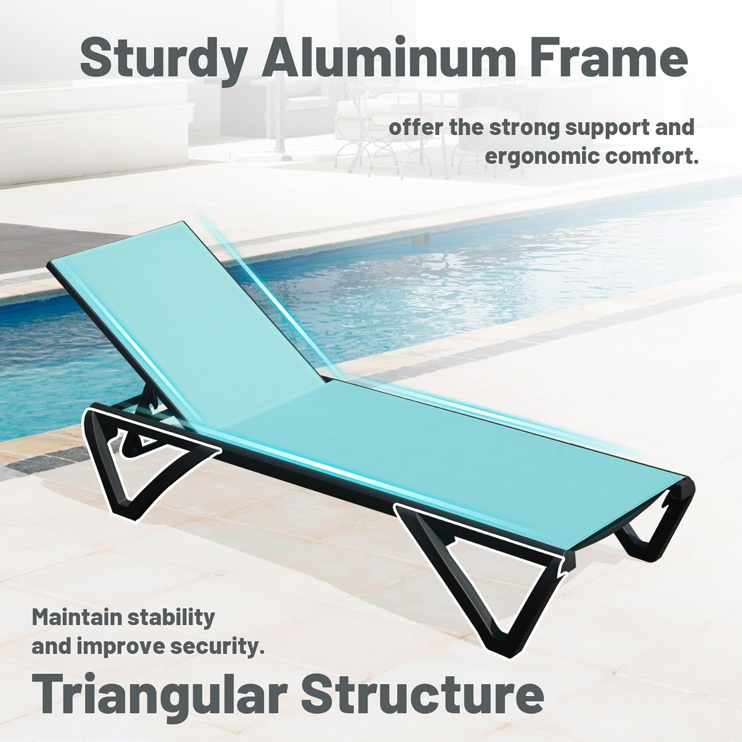 Outdoor Lounge Chair, Aluminum Plastic Patio Chaise Lounge with Side Table & 5 Position Adjustable Backrest & Wheels, All Weather Reclining Chair for Outside Beach Poolside Lawn,  Lake Blue