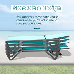 Outdoor Lounge Chair, Aluminum Plastic Patio Chaise Lounge with Side Table & 5 Position Adjustable Backrest & Wheels, All Weather Reclining Chair for Outside Beach Poolside Lawn,  Lake Blue
