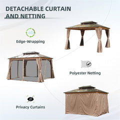 10'x12' Hardtop Gazebo, Permanent Outdoor Gazebo with Polycarbonate Double Roof, Aluminum Gazebo Pavilion with Curtain and Net for Garden, Patio, Lawns, Deck, Backyard(Wood-Looking)