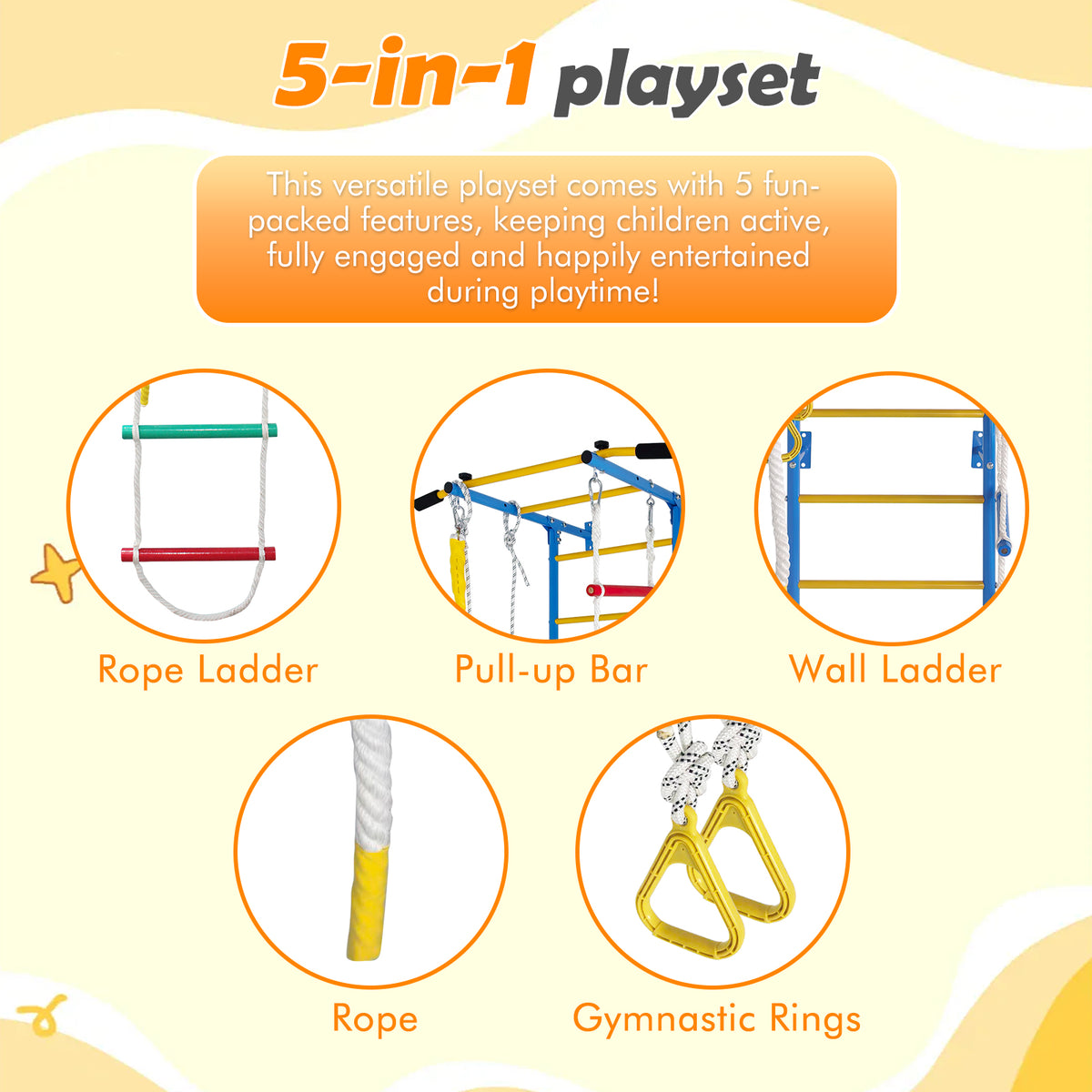 5 in 1 Playset Laddeer Wall Gym  With Rope Ladder, Pull-up Bar, Wall Ladder, Rope, And Gymnastic Rings