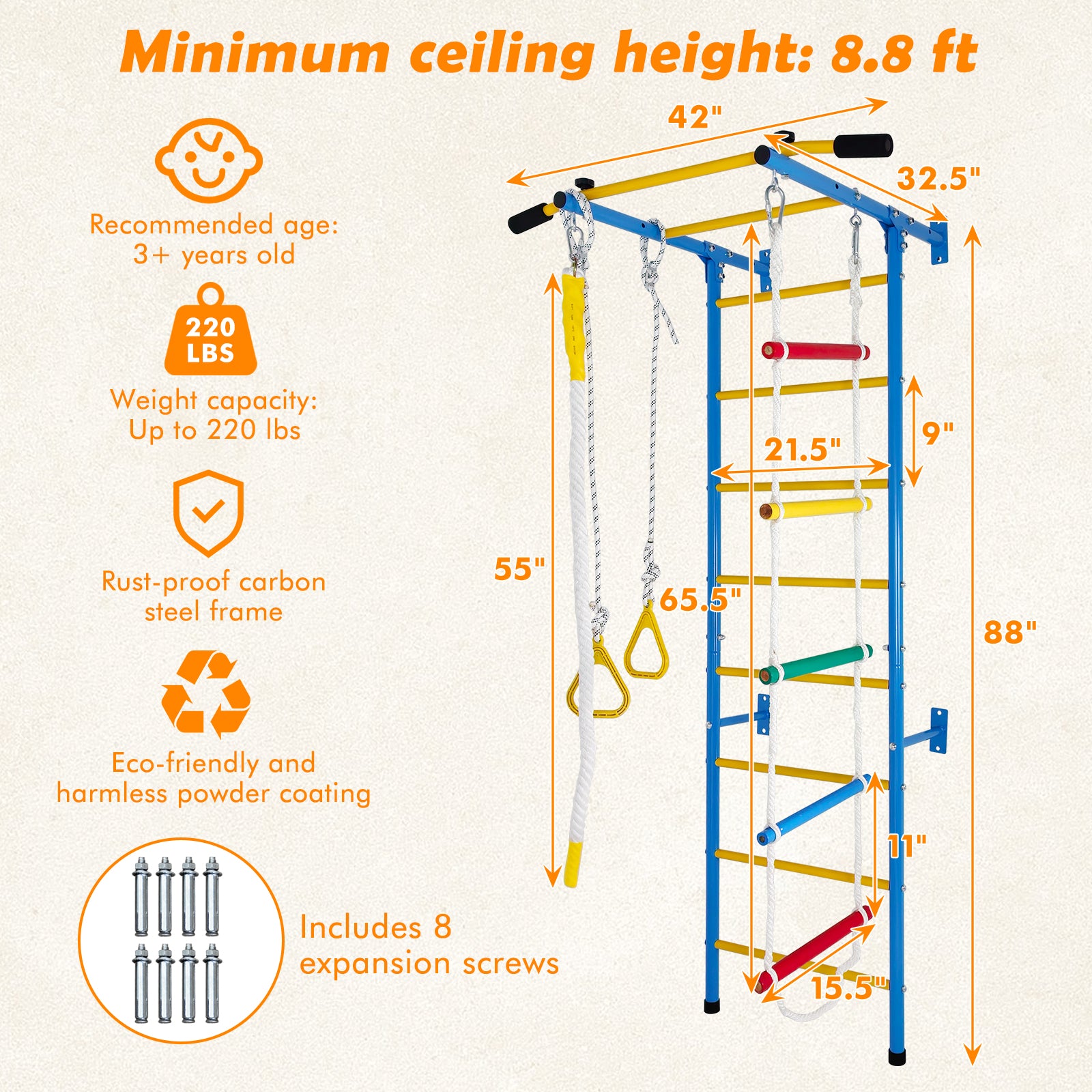 5 in 1 Playset Laddeer Wall Gym  With Rope Ladder, Pull-up Bar, Wall Ladder, Rope, And Gymnastic Rings
