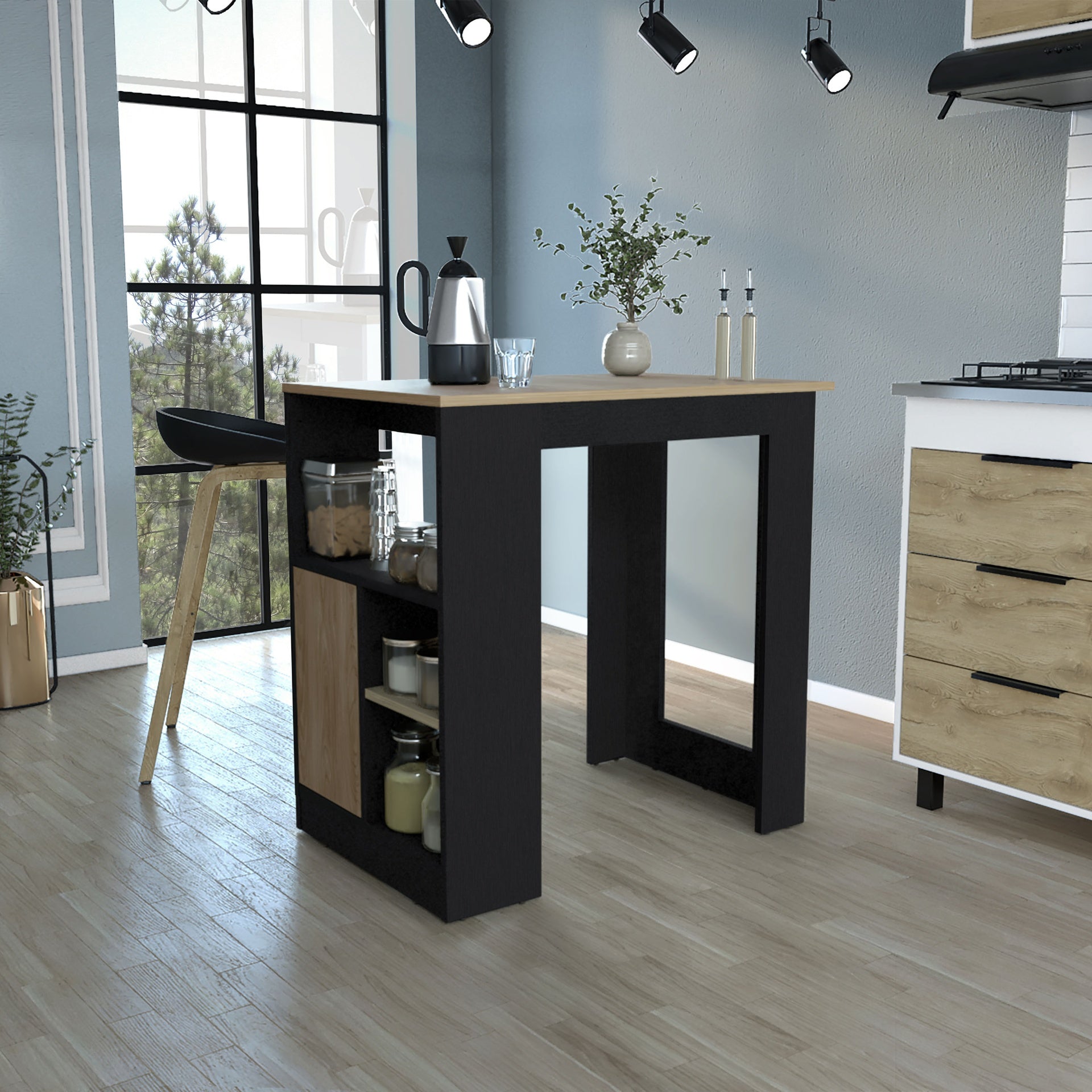 Kitchen Island 36" H, Three Open Side Storage Shelves and One Push-to-Open Cabinet,  Black / Natural Oak