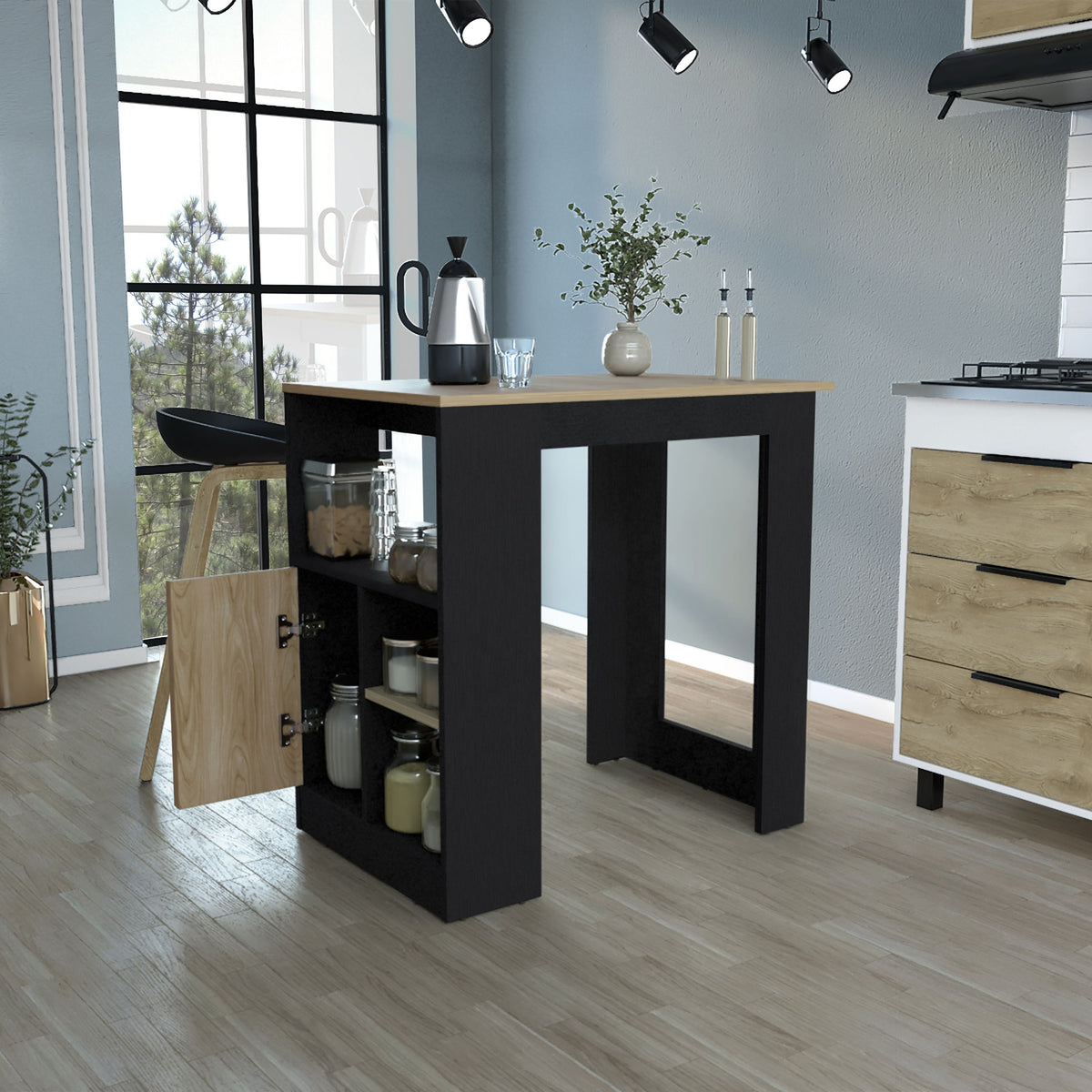 Kitchen Island 36" H, Three Open Side Storage Shelves and One Push-to-Open Cabinet,  Black / Natural Oak