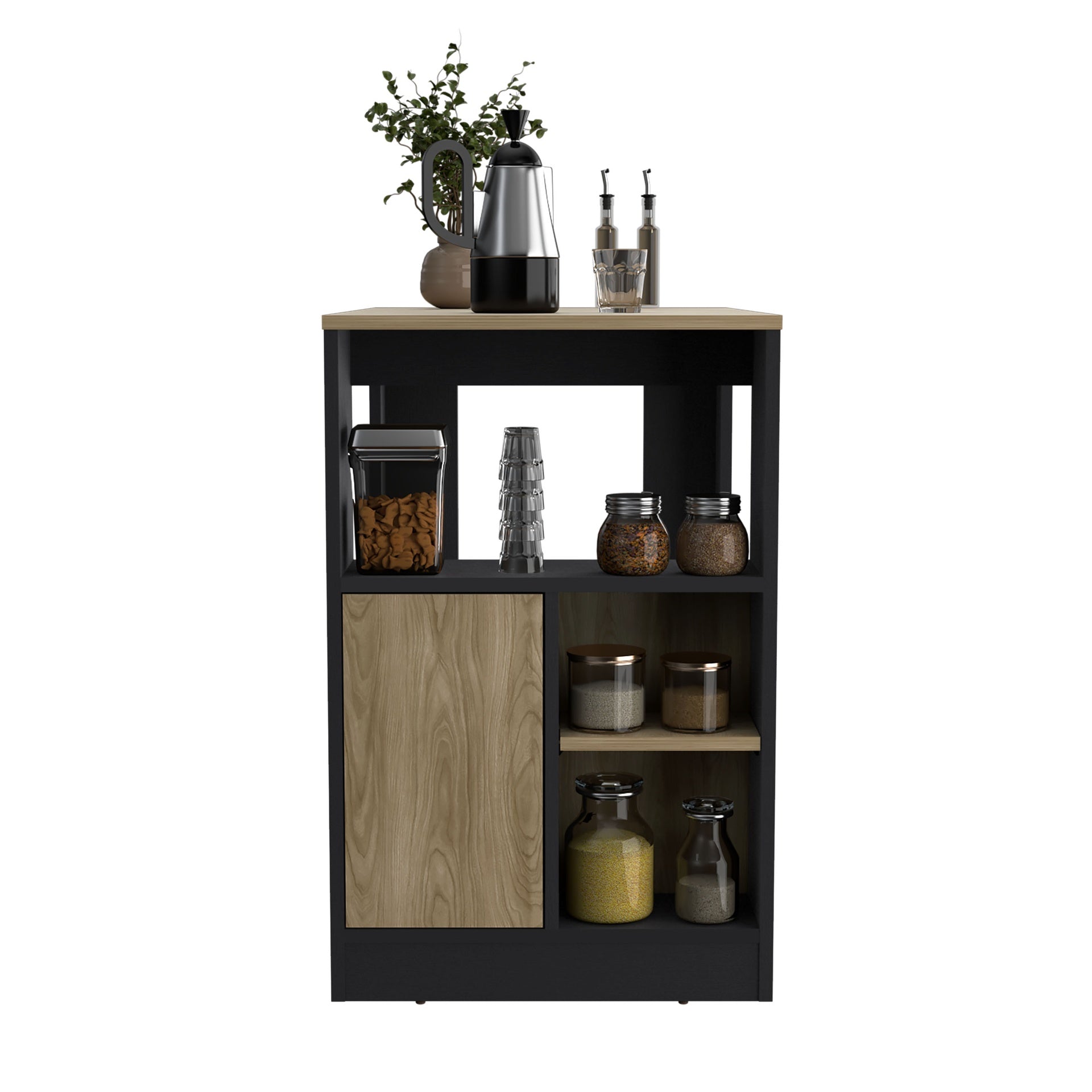 Kitchen Island 36" H, Three Open Side Storage Shelves and One Push-to-Open Cabinet,  Black / Natural Oak