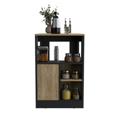 Kitchen Island 36" H, Three Open Side Storage Shelves and One Push-to-Open Cabinet,  Black / Natural Oak