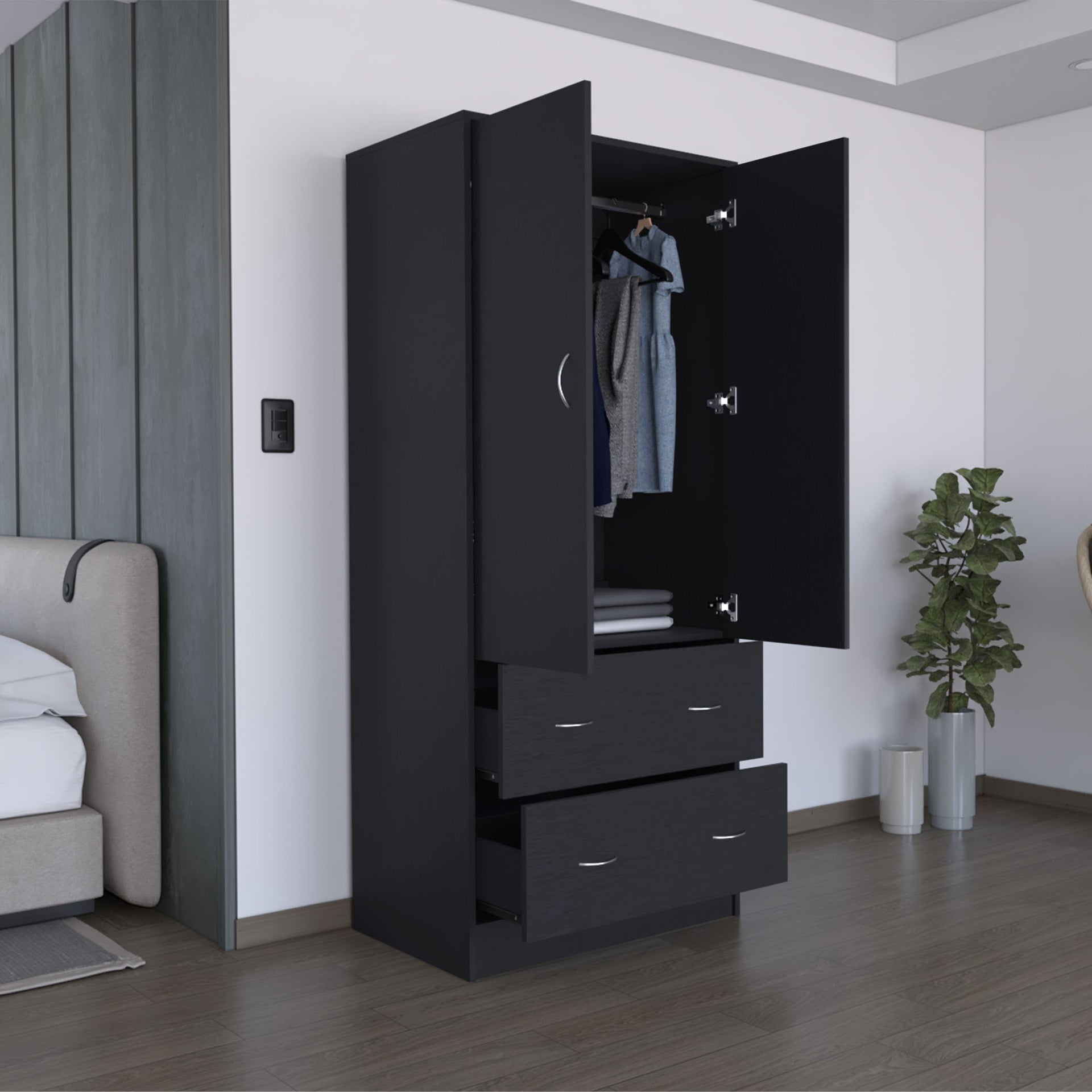 71" H Armoire with Two Doors, Two Drawers, and Hanging Rod,Black