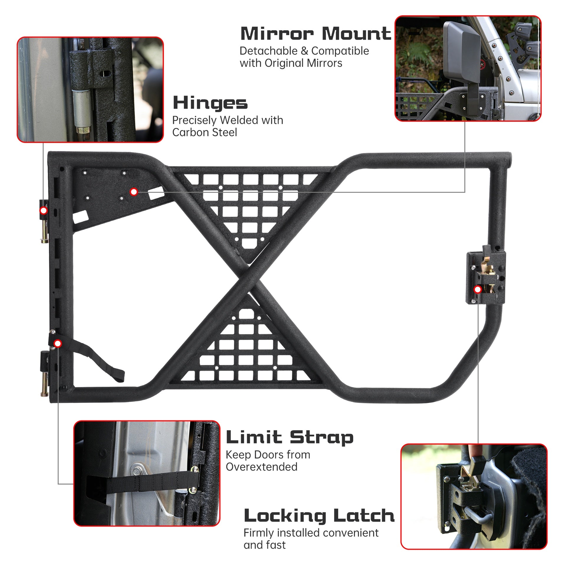 Tube Doors Tubular Half Doors with Rearview Mirror Compatible with 2007-2018 Jeep Wrangler JK JKU Unlimited 4-Doors Safari Tubular Off Road Summer Trail Adventu Competition