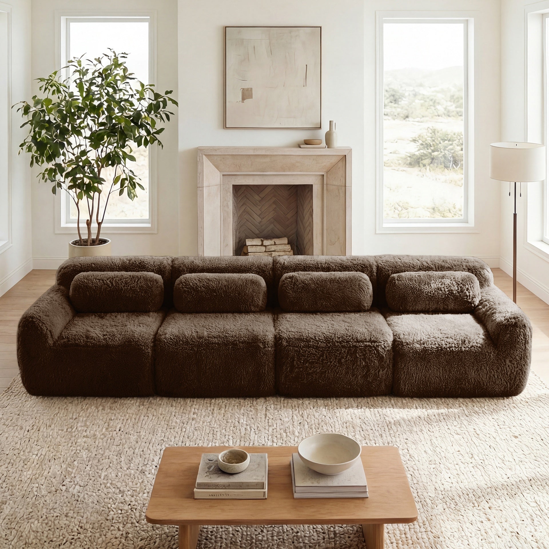 149'' Soft And Fluffy Plush Fabric,Boneless Sofa,32D High Density Sponge Ergonomic Design,Full-compression Vacuum Packaging,Free Combination Buckle Connection For Bedroom,Study,Home Theater, Chocolate