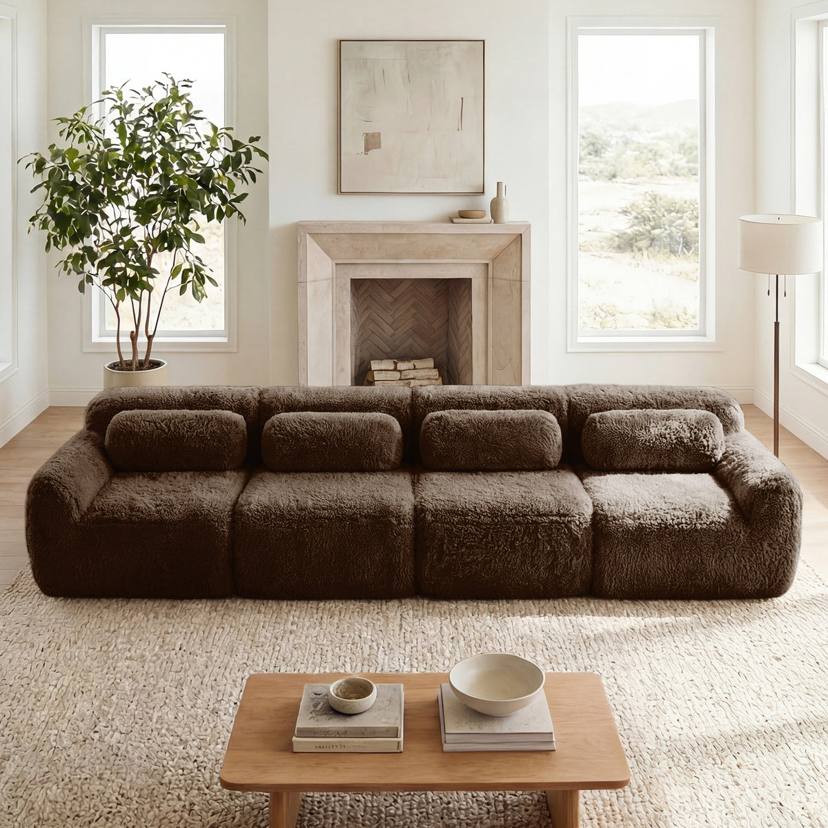 149'' Soft And Fluffy Plush Fabric,Boneless Sofa,32D High Density Sponge Ergonomic Design,Full-compression Vacuum Packaging,Free Combination Buckle Connection For Bedroom,Study,Home Theater, Chocolate