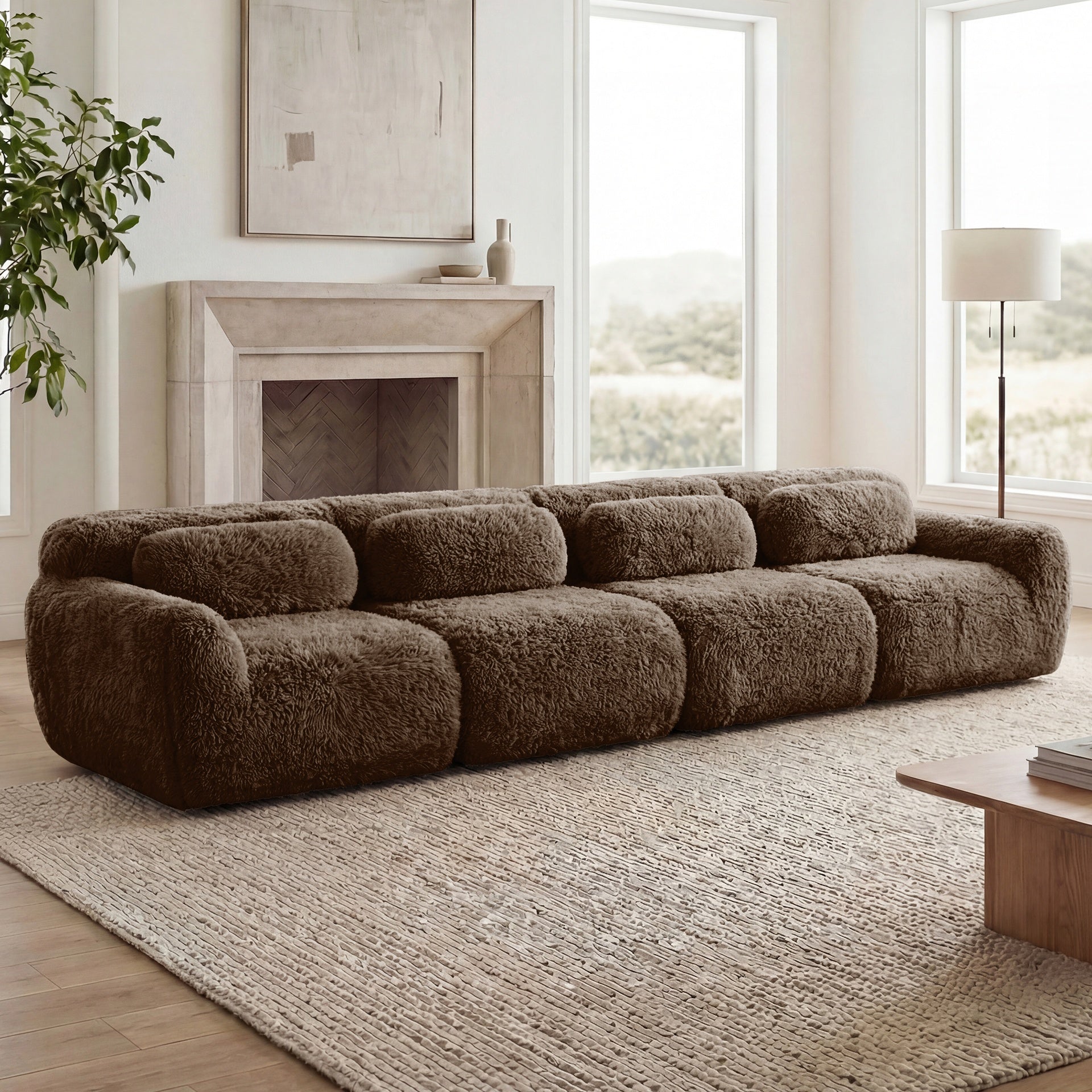 149'' Soft And Fluffy Plush Fabric,Boneless Sofa,32D High Density Sponge Ergonomic Design,Full-compression Vacuum Packaging,Free Combination Buckle Connection For Bedroom,Study,Home Theater, Chocolate