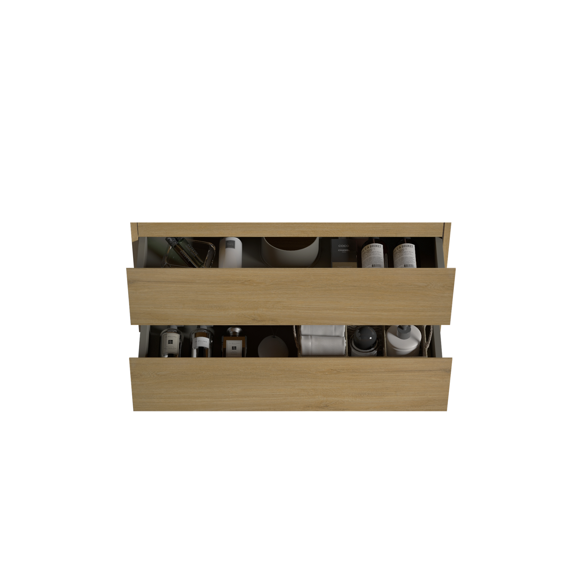 Alice36-106, Wall mount cabinet WITHOUT basin, Natural oak color, with two drawers, Pre-assembled