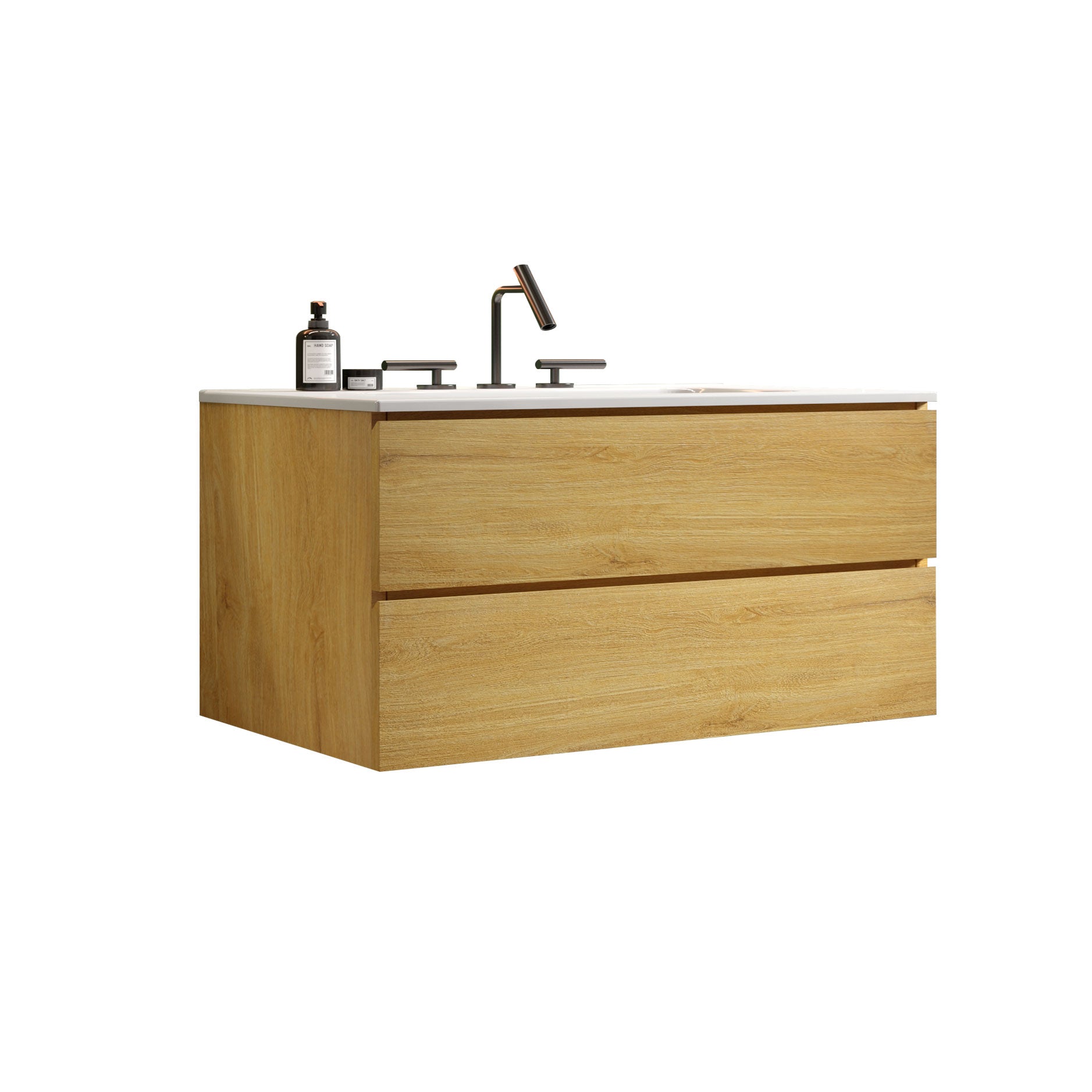 TIA 36" Wall Mount  Natural Oak Bathroom Vanity with Ceramic Sink with three faucet holes, Large Storage Floating Bathroom Vanity for Modern Bathroom, Pre-assembled