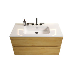 TIA 36" Wall Mount  Natural Oak Bathroom Vanity with Ceramic Sink with three faucet holes, Large Storage Floating Bathroom Vanity for Modern Bathroom, Pre-assembled