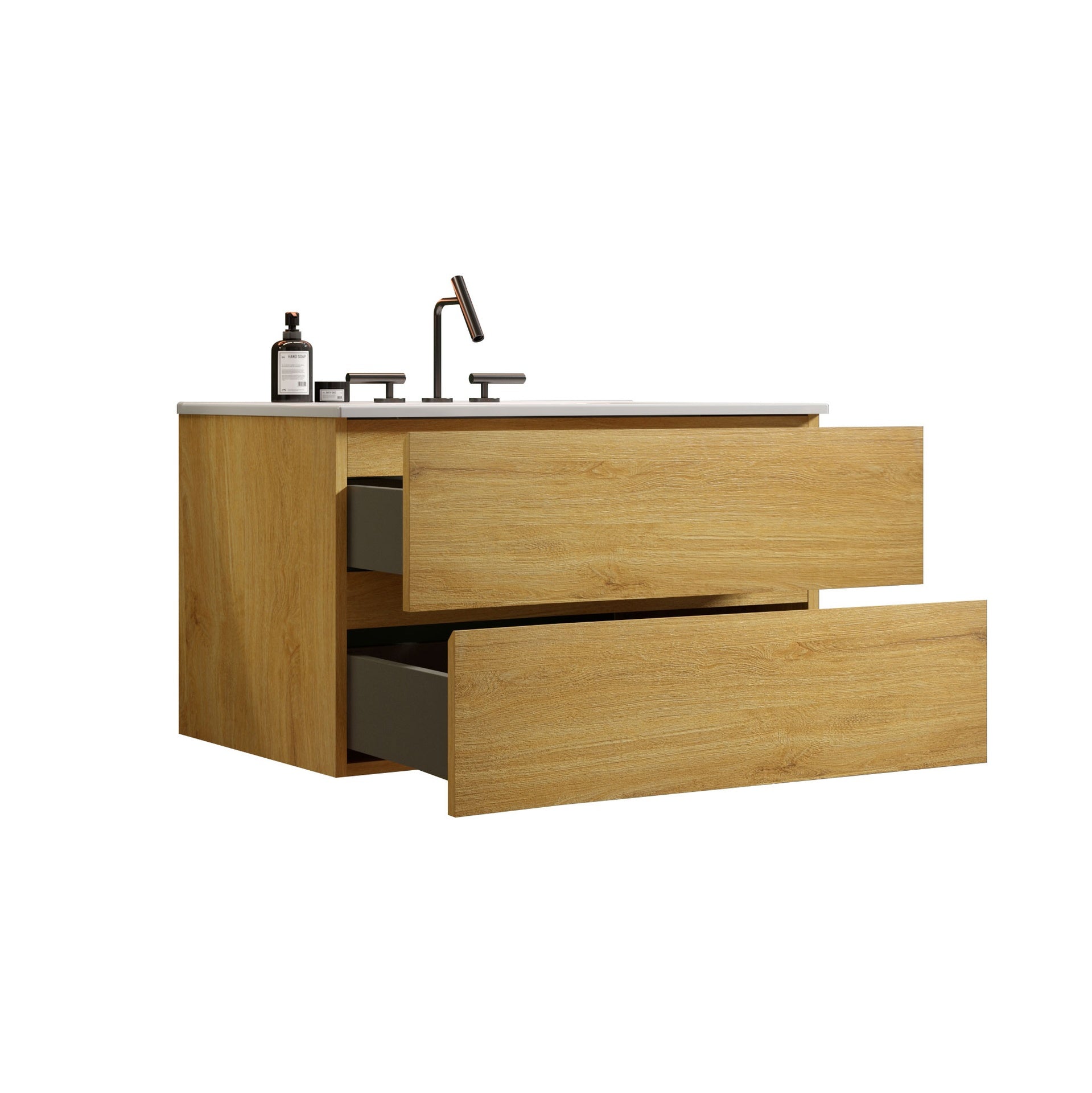 TIA 36" Wall Mount  Natural Oak Bathroom Vanity with Ceramic Sink with three faucet holes, Large Storage Floating Bathroom Vanity for Modern Bathroom, Pre-assembled